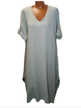 Fiaga Lagenlook Dolman Shirt Dress Sage Crinkle Gauze Asymmetrical Hem Coastal